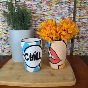 A set of POP ART Hand Painted bold unique drinkware (or vase) by Joanne Delomba